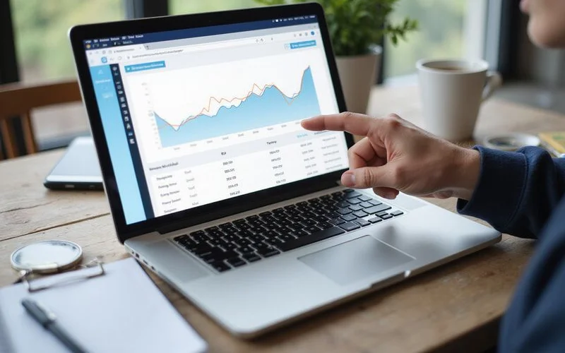 A person circling a sharp decline on a printed traffic graph while a laptop shows a search console report